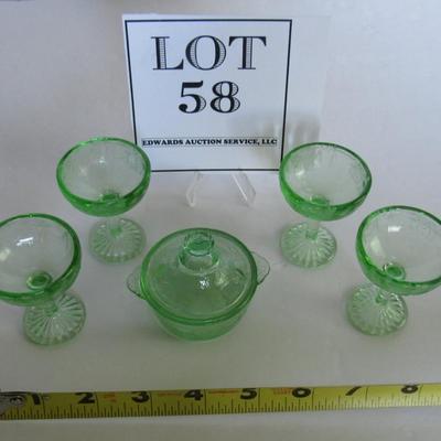 Child's Size Mosser Glass Jennifer Covered Dish and 4 Tall Sherberts, Green