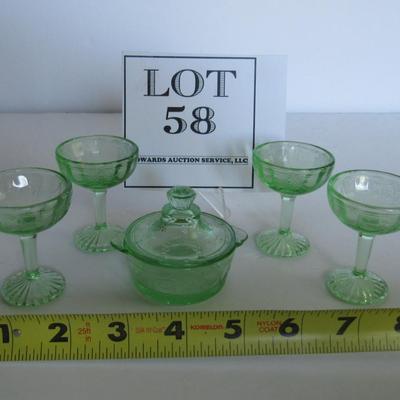 Child's Size Mosser Glass Jennifer Covered Dish and 4 Tall Sherberts, Green