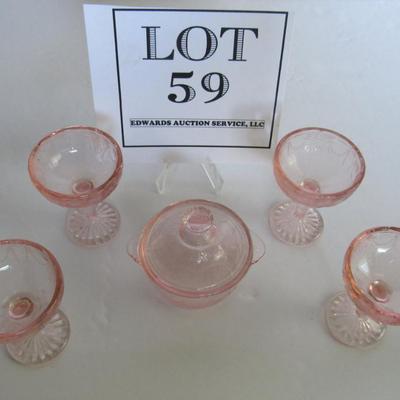 Child's Size Mosser Glass Jennifer Covered Dish and 4 Tall Sherberts, Pink