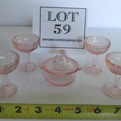 Child's Size Mosser Glass Jennifer Covered Dish and 4 Tall Sherberts, Pink