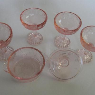 Child's Size Mosser Glass Jennifer Covered Dish and 4 Tall Sherberts, Pink