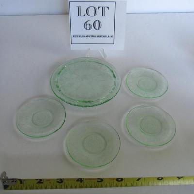 Child's Size Mosser Glass Cake Plate and 4 Small Plates, Green