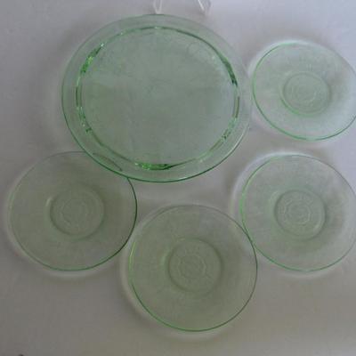 Child's Size Mosser Glass Cake Plate and 4 Small Plates, Green
