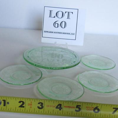 Child's Size Mosser Glass Cake Plate and 4 Small Plates, Green