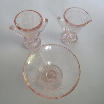 Child's Size Mosser Glass Jennifer Jelly Dish and Tall Sugar and Creamer, Pink