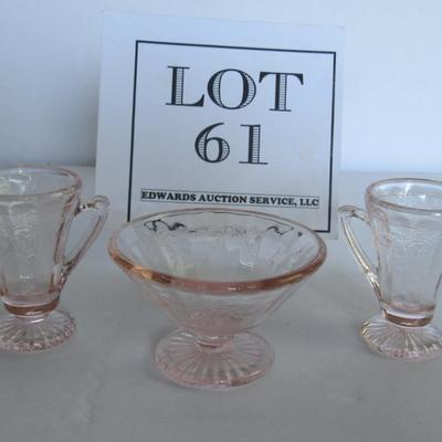 Child's Size Mosser Glass Jennifer Jelly Dish and Tall Sugar and Creamer, Pink