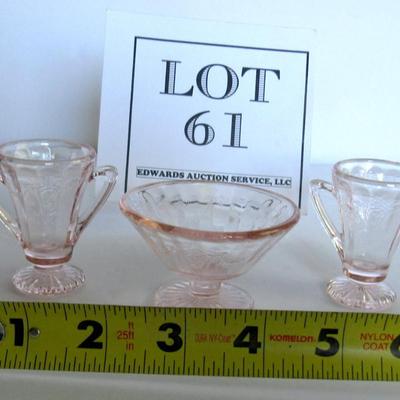 Child's Size Mosser Glass Jennifer Jelly Dish and Tall Sugar and Creamer, Pink