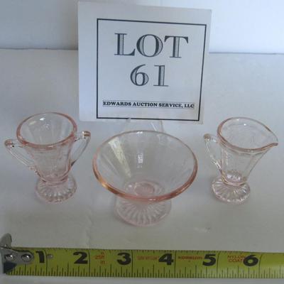 Child's Size Mosser Glass Jennifer Jelly Dish and Tall Sugar and Creamer, Pink