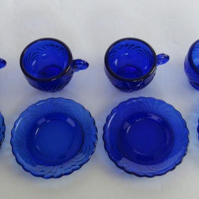 Child's Size Mosser Glass Lindsey Set of 4 Cup and Saucer Sets, Cobalt Blue