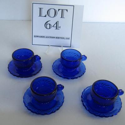Child's Size Mosser Glass Lindsey Set of 4 Cup and Saucer Sets, Cobalt Blue