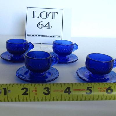 Child's Size Mosser Glass Lindsey Set of 4 Cup and Saucer Sets, Cobalt Blue