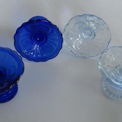 Child's Size Mosser Glass Lindsey 2 Pair Candlesticks, Moonlight and Cobalt Blue