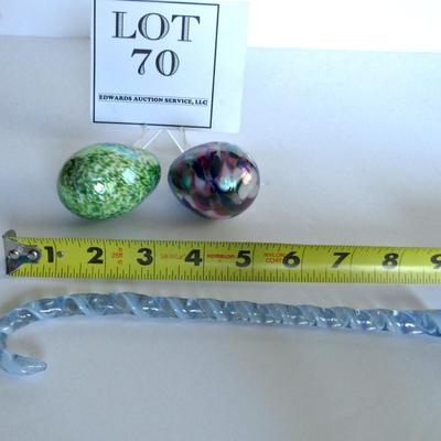 Older Gibson Glass Co Hand Made Art Glass Eggs and Glass Candy Cane Ornament