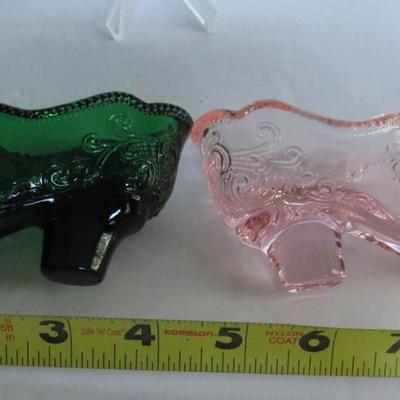 Older Mosser Glass Slippers, Dark Green, Light Pink