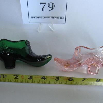 Older Mosser Glass Slippers, Dark Green, Light Pink