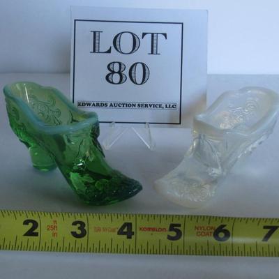 Older Mosser Glass Slippers, Green and Clear Opalescent