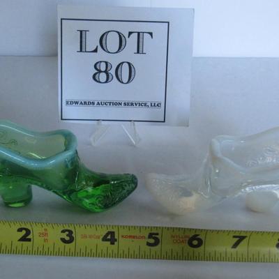 Older Mosser Glass Slippers, Green and Clear Opalescent