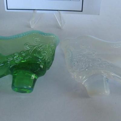 Older Mosser Glass Slippers, Green and Clear Opalescent