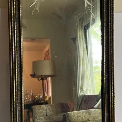 Antique Beveled & Etched Glass Mirror 29" Tall x 12.50" Wide in Good Preowned Condition.