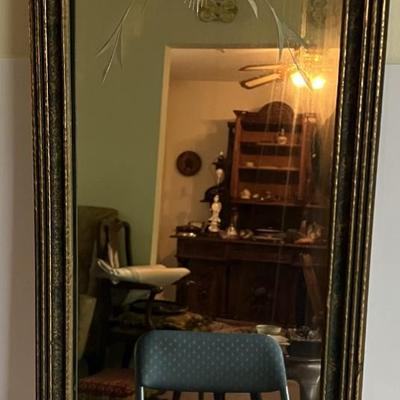 Antique Beveled & Etched Glass Mirror 29" Tall x 12.50" Wide in Good Preowned Condition.