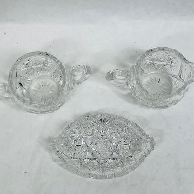 American Brilliant Cut Glass Cream & Sugar with small Serving Dish saw tooth edge