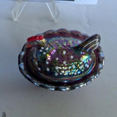 Older Boyd Glass Hand Painted Covered Hen Salt Dip