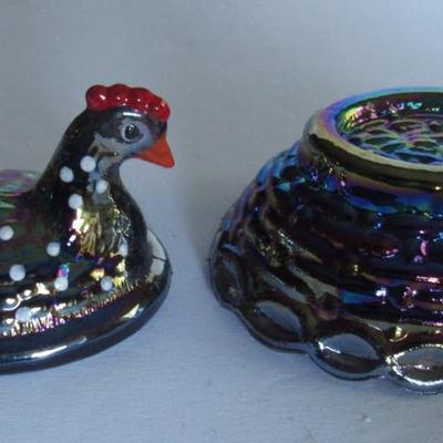 Older Boyd Glass Hand Painted Covered Hen Salt Dip