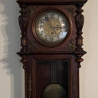 Antique c1900 Key Wind Wall Clock 29-1/2" Tall & 12" in VG Preowned Condition w/Keys as Pictured. (Untested).
