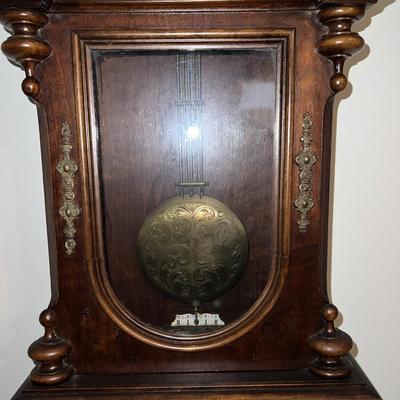 Antique c1900 Key Wind Wall Clock 29-1/2" Tall & 12" in VG Preowned Condition w/Keys as Pictured. (Untested).