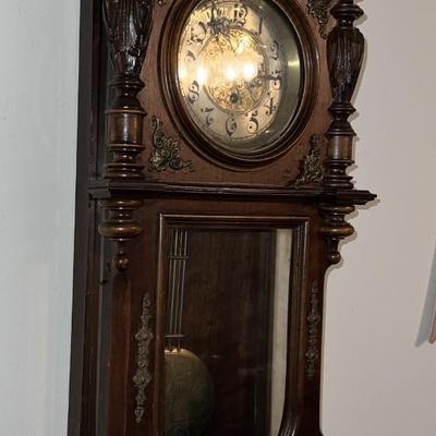 Antique c1900 Key Wind Wall Clock 29-1/2" Tall & 12" in VG Preowned Condition w/Keys as Pictured. (Untested).