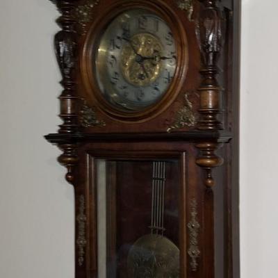 Antique c1900 Key Wind Wall Clock 29-1/2" Tall & 12" in VG Preowned Condition w/Keys as Pictured. (Untested).