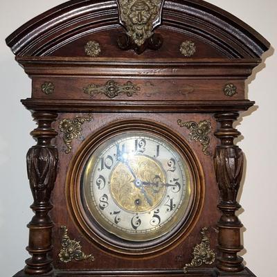 Antique c1900 Key Wind Wall Clock 29-1/2" Tall & 12" in VG Preowned Condition w/Keys as Pictured. (Untested).
