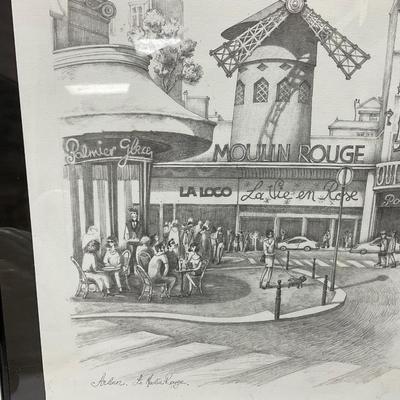 Moulin Rouge Parisian Etching Drawing Signed