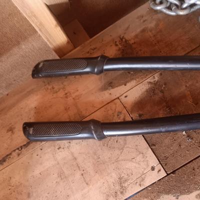 24" BOLT CUTTERS, VARIOUS CHAINS AND A CABELA'S AMMO BOX