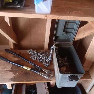 24" BOLT CUTTERS, VARIOUS CHAINS AND A CABELA'S AMMO BOX