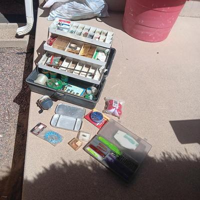 FULL TACKLE BOX AND SEVERAL FISHING POLES WITH REELS