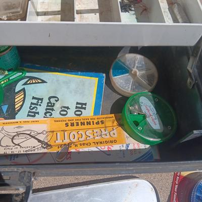 FULL TACKLE BOX AND SEVERAL FISHING POLES WITH REELS