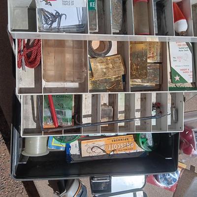 FULL TACKLE BOX AND SEVERAL FISHING POLES WITH REELS