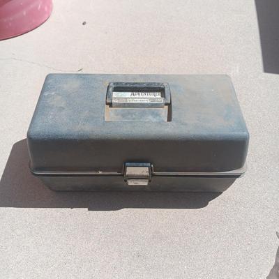 FULL TACKLE BOX AND SEVERAL FISHING POLES WITH REELS