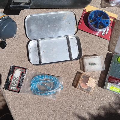 FULL TACKLE BOX AND SEVERAL FISHING POLES WITH REELS