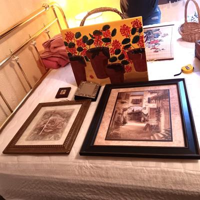 FRAMED PICTURES, PHOTO BOOK AND OIL ON CANVAS FLORAL PICTURE