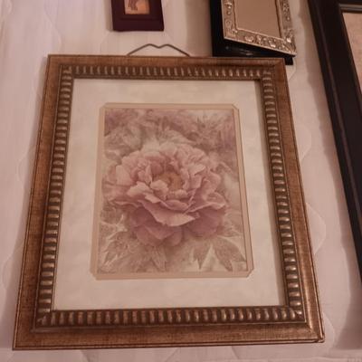 FRAMED PICTURES, PHOTO BOOK AND OIL ON CANVAS FLORAL PICTURE