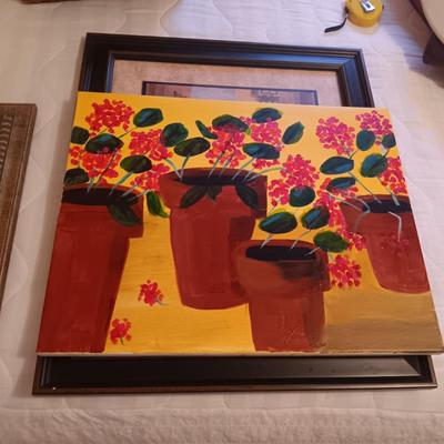 FRAMED PICTURES, PHOTO BOOK AND OIL ON CANVAS FLORAL PICTURE