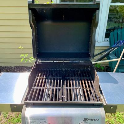LOT 8 O: Weber Spirit E-210 Two Burner Propane Gas Grill W/Cabinet, Drop Down Sides, & Cover