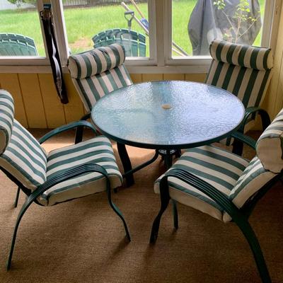 LOT 11 P: Vintage Patio Set: Four Chairs W/ Cushions & Round Table W/ Glass Top