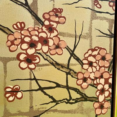 LOT 13 P: Vintage Cherry Blossom Tree W/ Birds Triptych Painting
