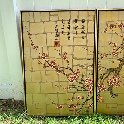 LOT 13 P: Vintage Cherry Blossom Tree W/ Birds Triptych Painting