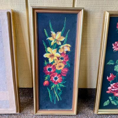 LOT 14 P: Vintage Framed Needlepoint Collection: Mother & Child (Madonna Of The Streets) & Floral Bouquets W/ Roses