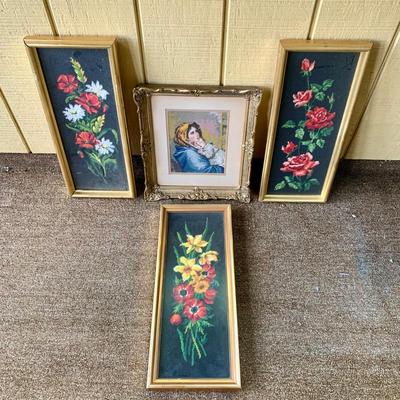 LOT 14 P: Vintage Framed Needlepoint Collection: Mother & Child (Madonna Of The Streets) & Floral Bouquets W/ Roses