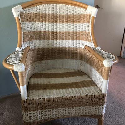 LOT 21B: Two Matching Striped Wicker Chairs w/ Footstool & Cushions